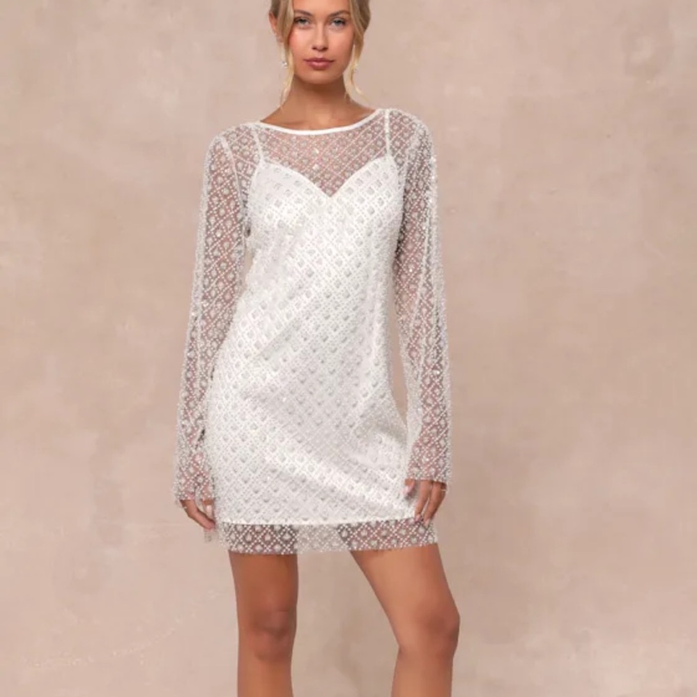 Glowing Charisma White Sequin Pearl Mesh Long Sleeve Mini Dress